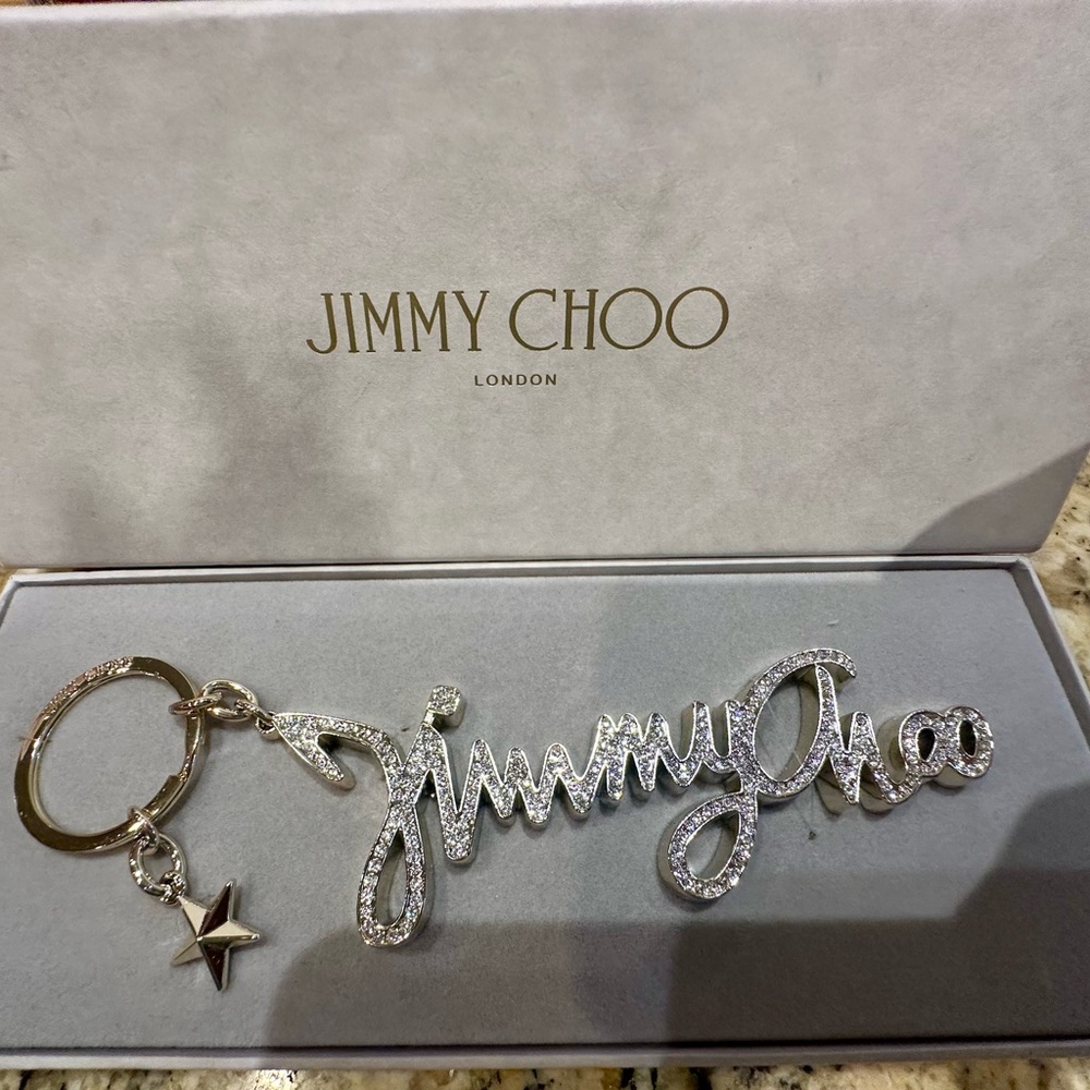 Jimmy Choo Silver Script Keychain with Star Charm